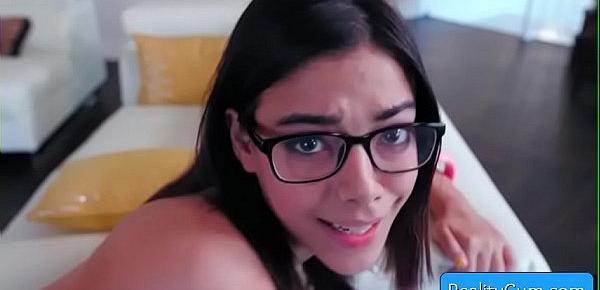  Sexy nerdy brunette slut teen Harmony Wonder get her pussy pounded from behind by huge fat dick